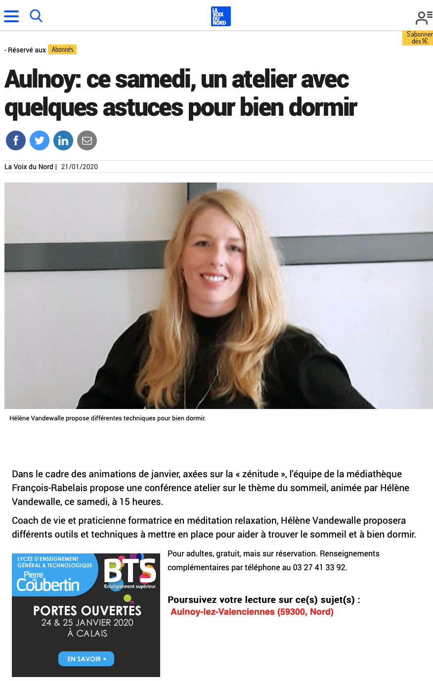 Hélène Vandewalle, Coach de Vie certifiée, article de presse La Voix du Nord pour une conférence